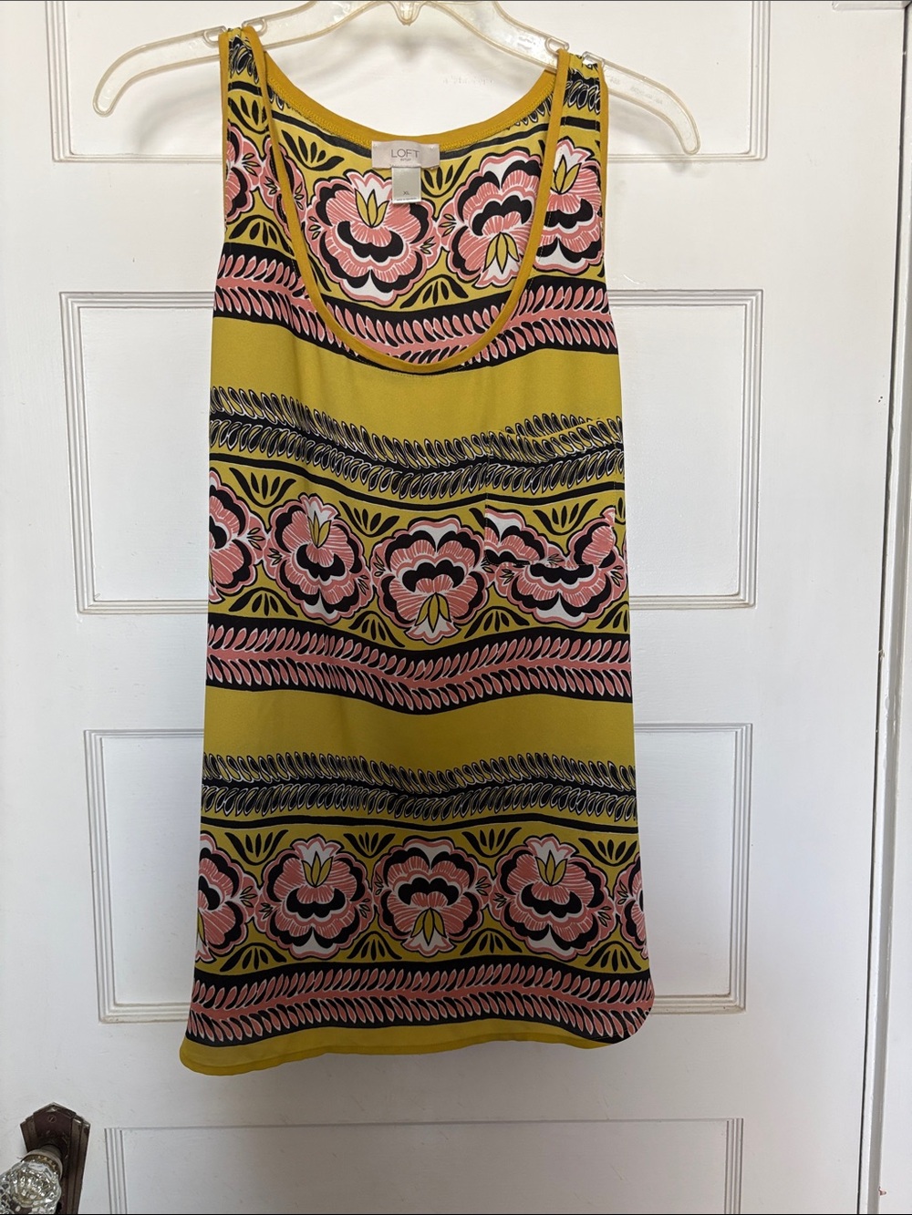 LOFT Mustard Yellow Floral Tank Top with Pink and Black Accents Size XL